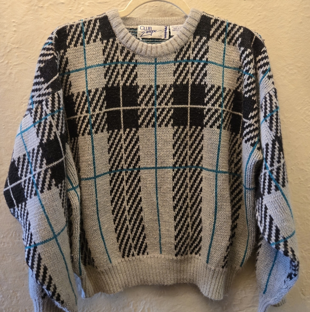 Vintage 90s Plaid Oversized Sweater Chunky Knit Grandpa Academia L